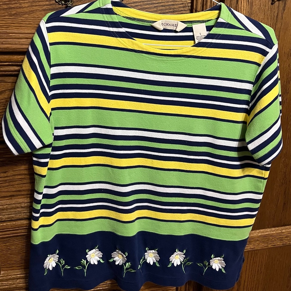 Bechamel navy, yellow, white & green striped shirt, Large, smoke free, comfy